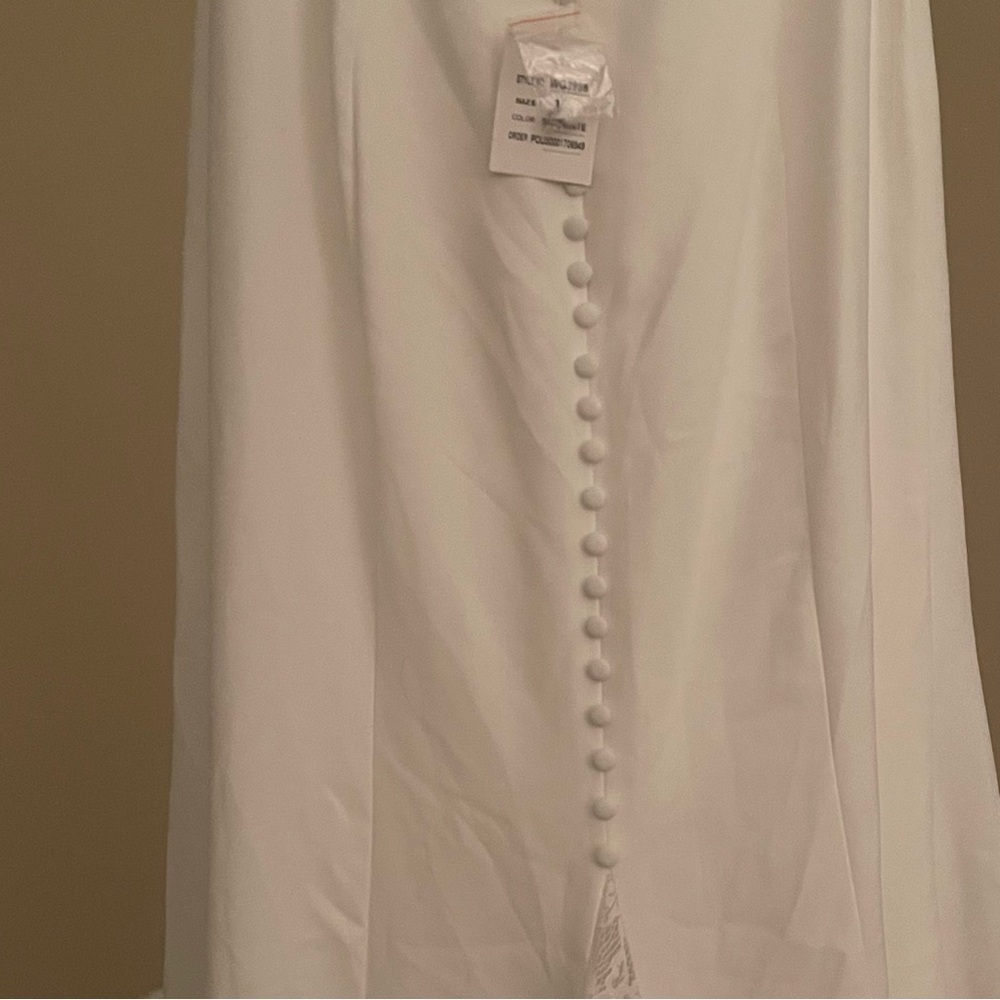 DAVID'S BRIDAL Sheer Back Crepe Wedding Dress with Lace Train - Picture 10 of 14